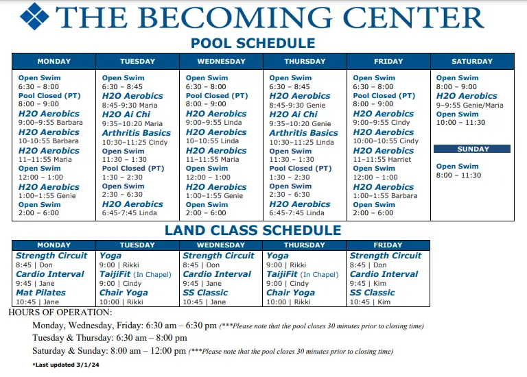 Class Schedule for The Blue House Wellness